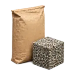 Paper material bags beside a compact cubic-foot sample block.
