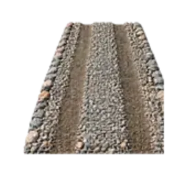 A gravel driveway with two compacted wheel tracks.