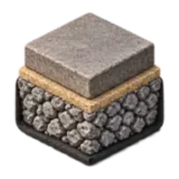 A cutaway stack of paver, bedding sand, and compacted gravel base.