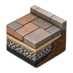 A cutaway patio showing pavers, bedding sand, and gravel base layers.