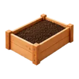 A wooden raised garden bed filled with dark soil.