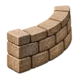 A curved retaining wall built from stacked tan blocks.