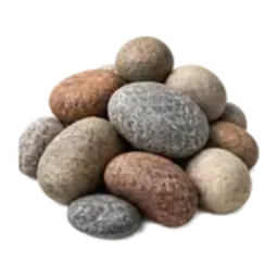 A pile of smooth rounded river rocks in mixed natural colors.