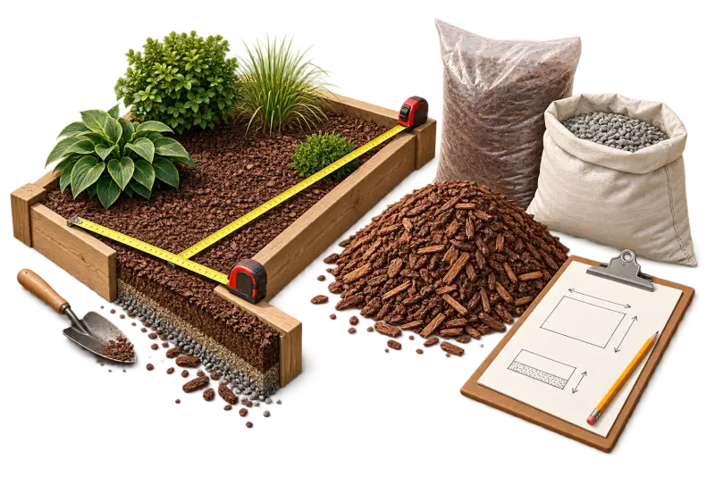 A measured garden bed beside bulk mulch, material bags, and a planning clipboard.