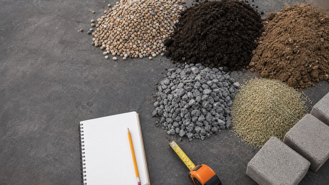 Pea gravel, compost, top soil, paver base, grass seed, concrete blocks, a tape measure, and a blank notebook arranged on a work surface.